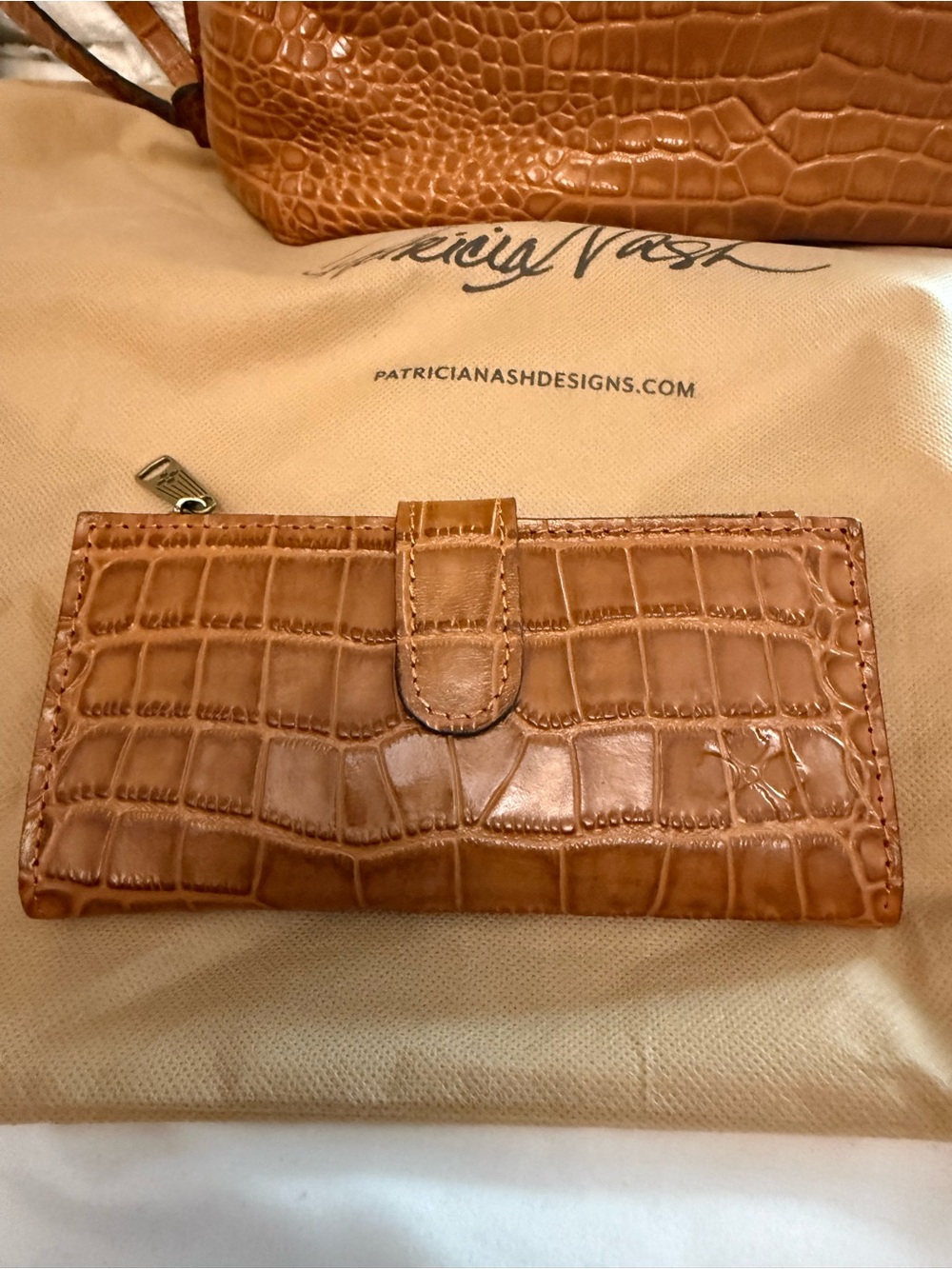 Patricia Nash Croc-Embossed Leather Nazari Wallet in Cognac color.